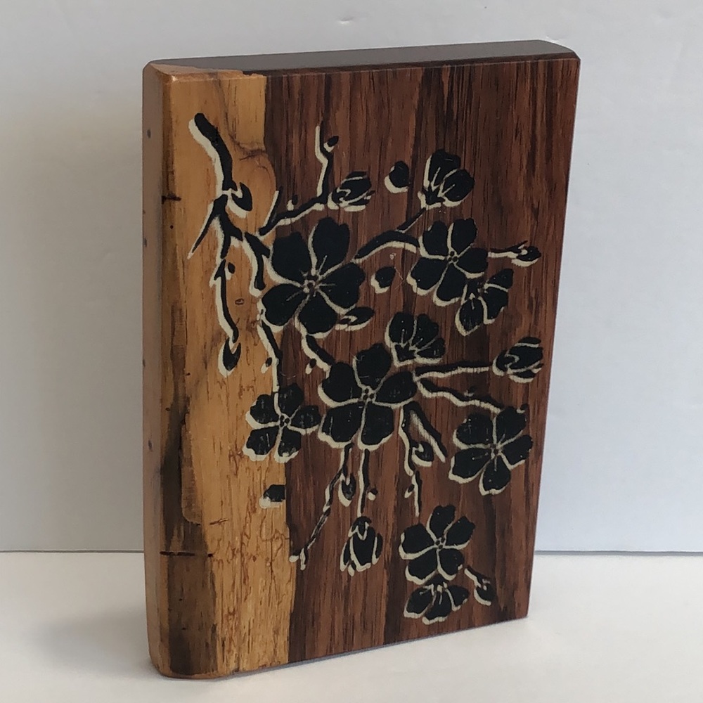 Handcrafted Wood Slab Decorative Block With a Cherry Blossom Design